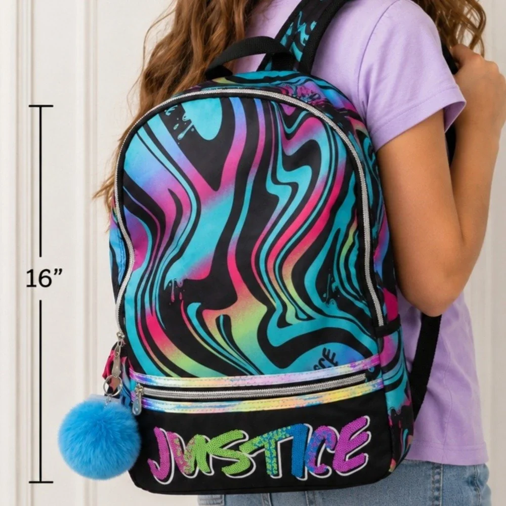 Justice Girls 16 Inch Backpack Neon Swirl Sequin Logo Pom Pom Keychain New